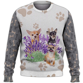 Lavender And Chihuahuas Sweater, Chihuahua Sweater, Dog Sweater For Humans Christmas Sweater 3D Print Crewneck Men Women Sweater, Men Women 3D Print Sweater - Thegiftio UK