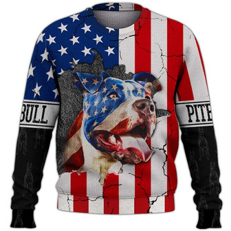 Pitbull America Flag Sweater, Pitbull Sweater, Dog Sweater For Humans Christmas Sweater 3D Print Crewneck Men Women Sweater, Men Women 3D Print Sweater - Thegiftio UK