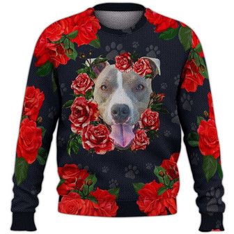 Pitbull With Rose Sweater, Dog Sweater For Humans Christmas Sweater 3D Print Crewneck Men Women Sweater, Men Women 3D Print Sweater - Thegiftio UK