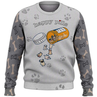 Pug Happy Pills Sweater, Dog Sweater For Humans Christmas Sweater 3D Print Crewneck Men Women Sweater, Men Women 3D Print Sweater - Thegiftio UK