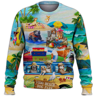 Puppies At The Beach Sweater, Dog Sweater For Humans Christmas Sweater 3D Print Crewneck Men Women Sweater, Men Women 3D Print Sweater - Thegiftio UK