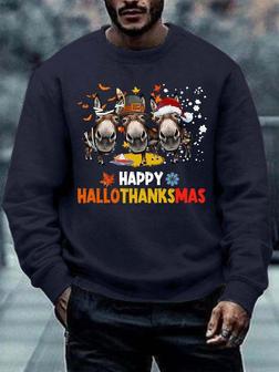 Men Happy Hallothanksmas Donkey Hat Merry Christmas Christmas Crew Neck Sweatshirt - Seseable