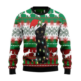 Black Cat Light Christmas Sweater, Gift For Cat Mom Cat Dad Men Women 3D Print Sweater - Thegiftio UK
