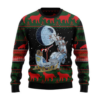 Black Cat Sleigh To Death Star Christmas Sweater, Men Women 3D Print Sweater - Thegiftio UK