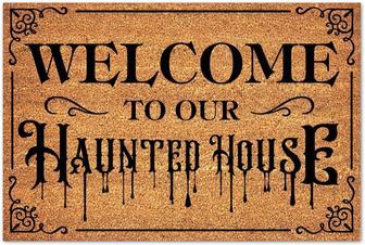 Coir Mat With Heavy Duty Welcome To Our Haunted House Front Door Mat Outdoor Entrance Fall Happy Halloween Funny Coir Doormat Entryway Outdoor Floor Door Mat - Thegiftio UK