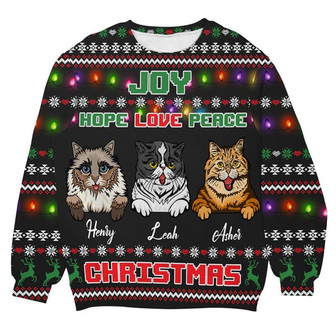 Custom Name Joy Sweater Cat Christmas Sweater, Personalized Gift For Cat Lover Cat Mom Men Women 3D Print Sweater Joy Hope Love And Peace - Thegiftio UK