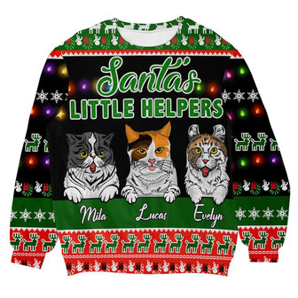 Custom Name Santa Little Helper Cat Personalized Christmas Sweater, Men Women 3D Print Sweater - Thegiftio UK