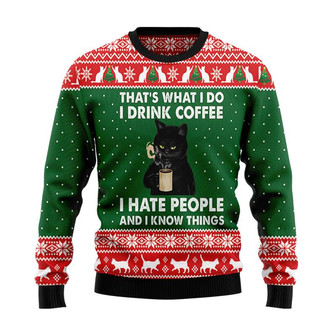 I Drink Coffee I Hate People Black Cat Christmas Sweater, Men Women 3D Print Sweater - Thegiftio UK