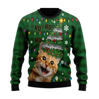 Ho Ho Ho Cat Pine Tree Christmas Sweater, Men Women 3D Print Sweater - Thegiftio UK