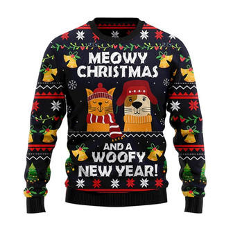Meowy Christmas And Woofy New Year Cat And Dog Christmas Sweater, Men Women 3D Print Sweater - Thegiftio UK
