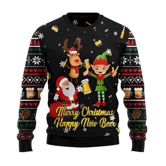 Merry Christmas Happy New Beer Santa Reindeer Christmas Sweater, Men Women 3D Print Sweater - Thegiftio UK
