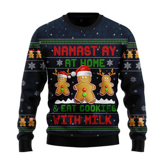 Namast'ay At Home Eat Cookies With Milk Gingerbread Christmas Sweater, Men Women 3D Print Sweater - Thegiftio UK