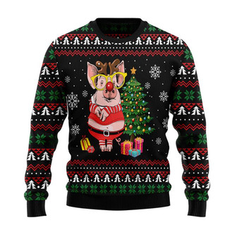 Pig Gorgeous Reindeer Pine Tree Christmas Sweater, Men Women 3D Print Sweater - Thegiftio UK