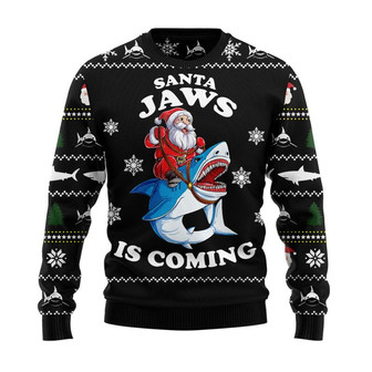 Santa Jaws is Coming Shark Christmas Sweater, Men Women 3D Print Sweater - Thegiftio UK