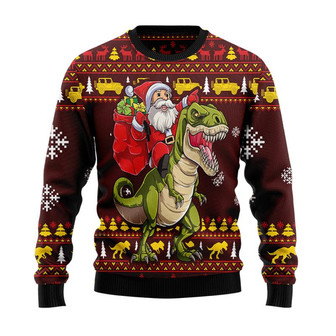 Santa on T-rex Christmas Sweater, Men Women 3D Print Sweater - Thegiftio UK
