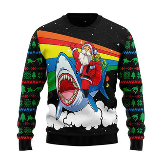 Santa Riding Shark Christmas Sweater, Men Women 3D Print Sweater - Thegiftio UK