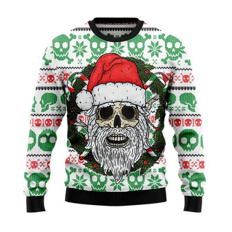 Skull Santa Clause And Xmas Wreath Christmas Sweater, Men Women 3D Print Sweater - Thegiftio UK