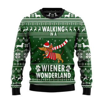 Walking In A Wiener Wonderland Dachshund Christmas Sweater, Men Women 3D Print Sweater - Thegiftio UK