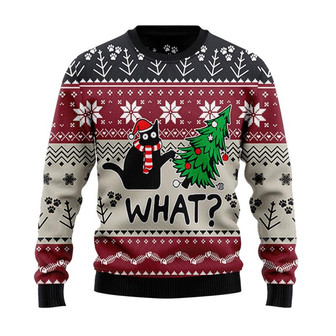 What? Looking Panic Cat And Xmas Tree Christmas Sweater, Men Women 3D Print Sweater - Thegiftio UK