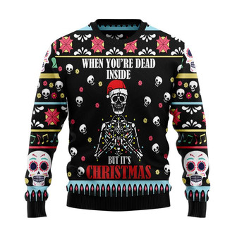 When You're Dead Inside Skull Christmas Sweater, Men Women 3D Print Sweater - Thegiftio UK