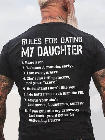 Mens Rules For Dating My Daughter Funny Graphic Print Crew Neck Text Letters T-shirt - Thegiftio UK