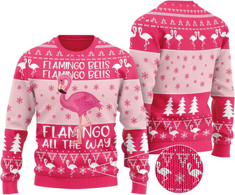Christmas Sweater Pink Flamingos All The Way Flamingo Bells Funny 3d Print Sweater, Men Women 3D Print Sweater - Thegiftio UK