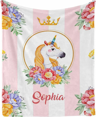 Custom Name Fleece Blanket Flowers And The Running Horse, Blanket For Girls, Kids Throw Blanket For Children Kids Granddaughter, Daughter Niece - Thegiftio UK