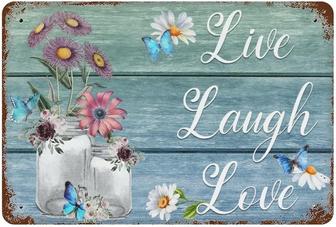 Live Laugh Love Sign Retro Funny Home Decor Tin Sign, Vintage Quotes Wall Decor, Daisy Vase And Butterfly Tin Metal Wall Art Signs, Vintage Metal Bar Pub Poster - Thegiftio UK