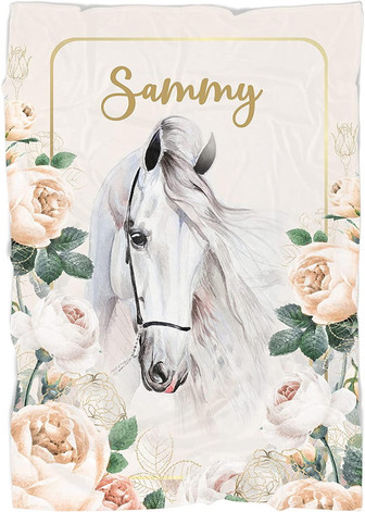 Personalized Horse Blanket Girl | White Horse And Flowers Throw Fleece Blanket | Custom Name Girl On Blanket | Gifts On Christmas For Friends, Daughter, Sister In Law, Granddaughter, Niece - Thegiftio UK