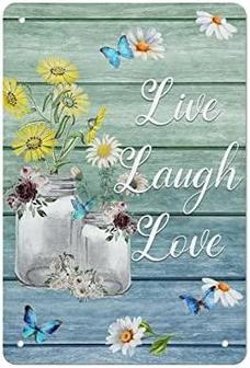 Vintage Daisy Vase Poster Metal Sign Live Laugh Love Tin Signs Retro Wood Grain Plaque Wall Decor Gift For Home Kitchen Office Club Bar Gym - Thegiftio UK