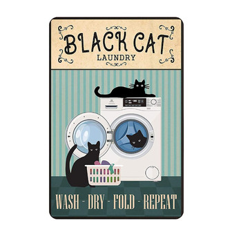 Black Cat Laundry Metal Tin Sign Wash Dry Fold Repeat Washing Machine Vintage Tin Sign for Home Bedroom Cafe Kitchen Wall Decor - Thegiftio