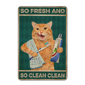 Funny Metal Tin Sign Orange Cat is Brushing Teeth and Washing Face Poster, Home Living Room Bathroom Art Wall Decoration Plaque  - Thegiftio