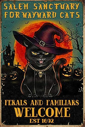 Halloween Tin Sign Salem Sanctuary for Wayward Cats Vintage Cat Sign for Cafe Bar Home Wall Art Decoration Retro Metal Tin Sign  - Thegiftio UK