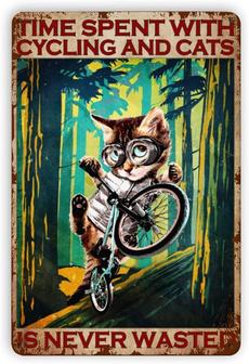 Spend Time with Cat and Cycling Tin Sign Decor Retro Metal Cat Sign Vintage Wall Decor for Home Bars Retro Sign Metal Plaque Posters  - Thegiftio UK