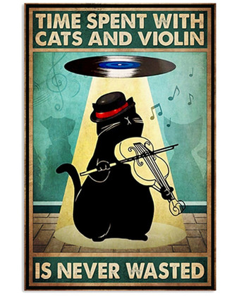 Spend Time with Cat and Violin Metal Tin Sign Cat Sign Vintage Wall Decor for Home Bars Retro Sign Metal Plaque Posters  - Thegiftio