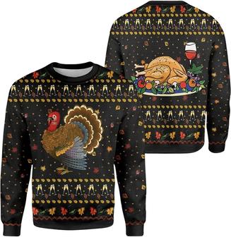 Thanksgiving Ugly Christmas Sweater For Men & Women Funny Turkey Thanksgiving Sweater, Black Cute Turkey Crewneck Long Sleeves All Over Print 3d Christmas Sweater - Thegiftio UK