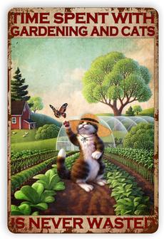 Tin Sign Spend Time with Cat and Gardening Cat Tin Sign Vintage Wall Decor for Home Bars Retro Sign Metal Plaque Posters - Thegiftio UK