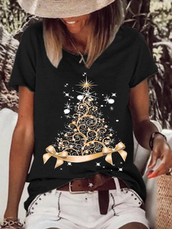 Women Crew Neck Christmas Tree Print T-shirt - Thegiftio UK