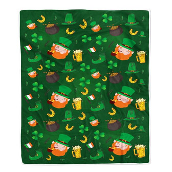 Happy St Patrick's Day Leprechaun Men Gold Coins And Clover Fleece Blanket - Thegiftio UK