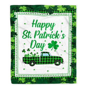 Happy St. Patrick's Day Truck With Green Shamrock Fleece Blanket - Thegiftio