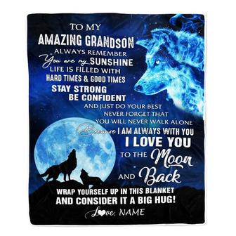 Personalized To My Amazing Grandson Blanket From Grandma Grandpa Wolf It A Big Hug Son Birthday Back To School Christmas Customized Fleece Throw Blanket - Thegiftio UK