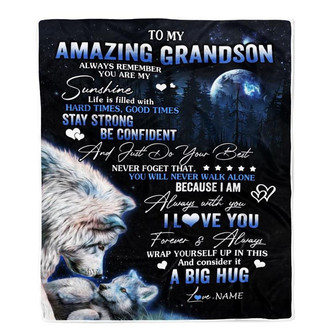 Personalized To My Amazing Grandson Wolf Blanket From Grandma Grandpa Moon Wolf Grandson Birthday Graduation Christmas Customized Bed Fleece Blanket - Thegiftio UK
