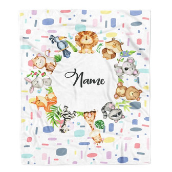 Personalized Baby Blanket Custom Name Circle Animal for Newborn Boy Girl Son Daughter Grandson Granddaughter Niece Nephew Birthday Christmas Fleece Blanket - Thegiftio