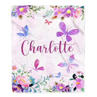 Personalized Baby Blanket Custom With Name For Girl Butterfly Purle Flower Kid Daughter Granddaughter Niece Birthday Customized Christmas Fleece Blanket - Thegiftio UK