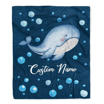 Personalized Baby Blanket With Custom Name Ocean Blue Whale Newborn Son Daughter Niece Nephew Grandson Granddaughter Birthday Christmas Bed Fleece Blanket - Thegiftio