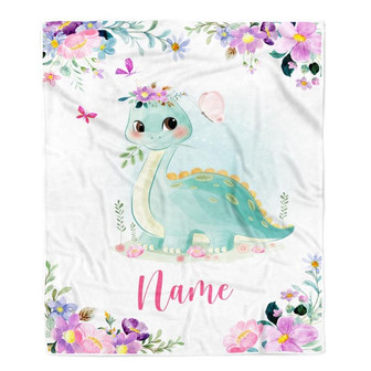 Personalized Baby Blanket Dinosaur Floral Watercolor Blanket with Name Newborns Kid Daughter Granddaughter Niece Birthday Customized Christmas Fleece Blanket - Thegiftio UK