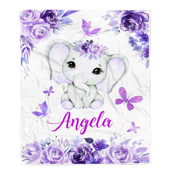 Personalized Baby Blanket Girl Custom Baby Name Purle Floral Elephant Kid Daughter Granddaughter Niece Birthday Christmas Customized Bed Fleece Throw Blanket - Thegiftio UK