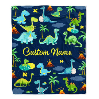 Personalized Baby Blanket With Name Custom Dark Blue Dinosaur For Boy Kids Newborn Son Grandson Nephew Birthday Christmas Customized Bed Fleece Throw Blanket - Thegiftio UK