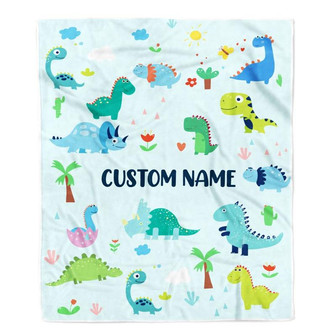 Personalized Baby Blanket With Name Custom Light Blue Dinosaur For Kids Boy Newborn Son Grandson Nephew Birthday Christmas Customized Bed Fleece Throw Blanket - Thegiftio