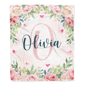 Personalized Baby Blanket With Name Custom Pink Flower Floral Girl Newborn Daughter Niece Granddaughter Birthday Christmas Customized Bed Fleece Throw Blanket - Thegiftio UK